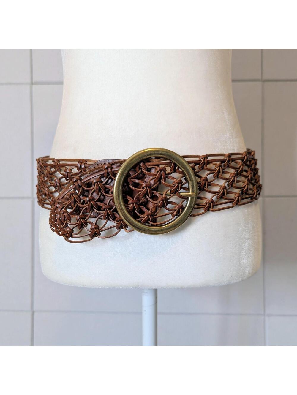 Woven leather wide O-ring boho belt